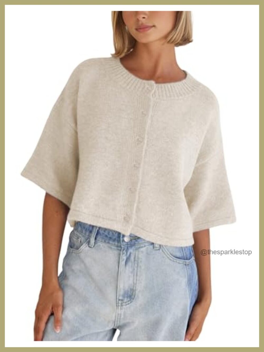 Lightweight Cropped Knit Cardigan Button-Up 3/4 Sleeve Sweater